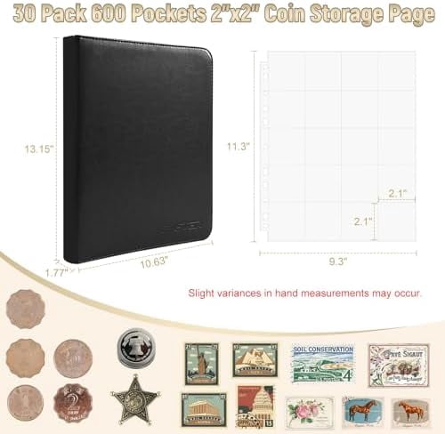 Tekola Coin Collection Book, 30 Pack 600 Pockets Coin Sleeves, Faux Leather Coin Collection Holder Album, Coin Collection Organizer Storage Box Case (Coin Flips Not Included), Black