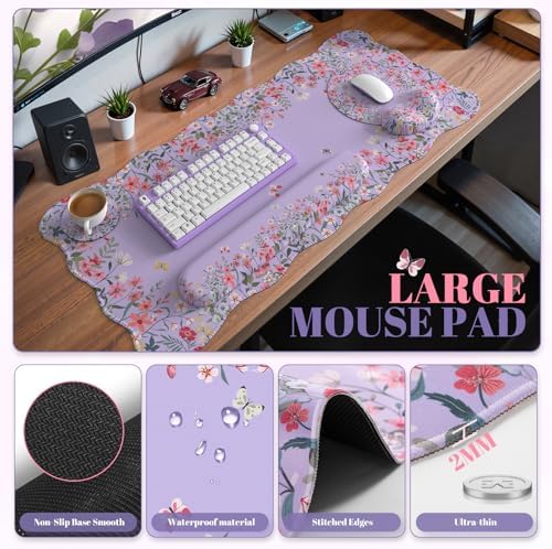 Tekola Desk Mat Set,Large Mouse Pad with Wrist Rest,Ergonomic Keyboard Wrist Support for Women,Girly Floral Computer Mat with Scalloped Edges,Non-Slip Desk Pad Home Office Gaming (Purple)