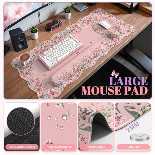 Tekola Desk Mat Set,Large Mouse Pad with Wrist Rest,Ergonomic Keyboard Wrist Support for Women,Girly Floral Computer Mat with Scalloped Edges,Non-Slip Desk Pad Home Office Gaming (Pink)