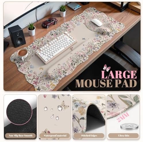 Tekola Desk Mat Set,Large Mouse Pad with Wrist Rest,Ergonomic Keyboard Wrist Support for Women,Girly Floral Computer Mat with Scalloped Edges,Non-Slip Desk Pad Home Office Gaming (Beige)