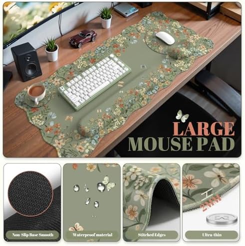 Tekola Desk Mat Set,Large Mouse Pad with Wrist Rest,Ergonomic Keyboard Wrist Support for Women,Girly Floral Computer Mat with Scalloped Edges,Non-Slip Desk Pad Home Office Gaming (Green)