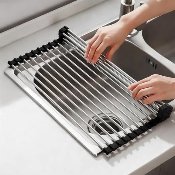 Tekola Dish Drying Rack with Roll Up and Over Sink for Kitchen,17.5"x15.7",Black