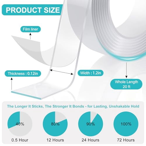 Tekola Double Sided Tape Heavy Duty 1.2in×20ft, Nano Tape Double Sided, Removable Traceless Two Sided Adhesive Tape, Clear Mounting Tape Double Sided Tape for Walls, Hanging Picture,Poster,Carpet