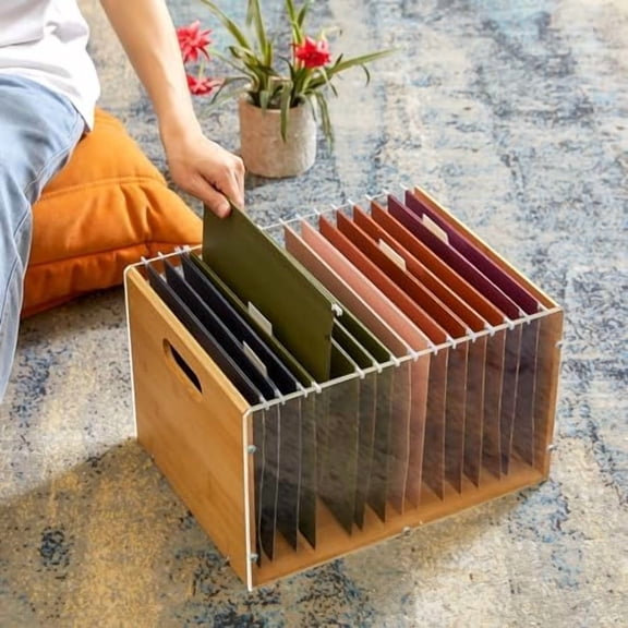 Tekola Letter/Legal Bamboo Acrylic File Box Organizer, Hanging File Folder Storage Boxes, Decorative Document Crate Transparent Filing Bin with Handle for Home Office Desk