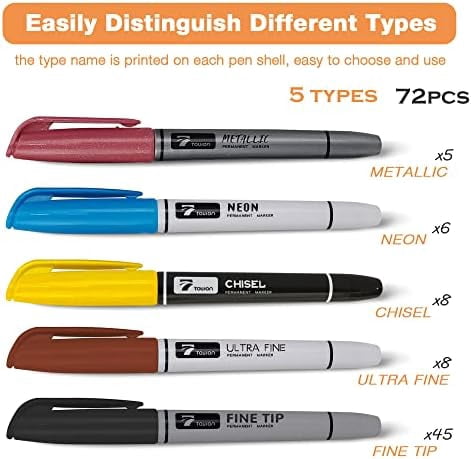 Tekola Permanent Markers 72 Assorted Colors - Waterproof Colored Pens Set 45 Fine Tip, 8 Ultra Fine, 8 Chisel Tip, 6 Neon, 5 Metallic Markers Home Office Store Supplies for Adults Coloring