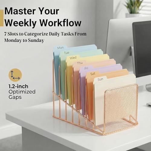 Tekola Rose Gold Desk Organizer 7 Slot Inclined Vertical File Folder Holder Sorter with Mesh Front  Metal Wire Rack for Mail, Slim Binders, Books Office Organization & Desktop Accessories