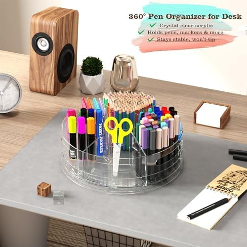 Tekola Rotating Desk Organizer, 360° Acrylic Pen Organizer for Desk with 7 Removable Compartments, Extra-Large Pen Holder for Office Supplies, Markers, and Art Supplies, Clear Pencil Holder