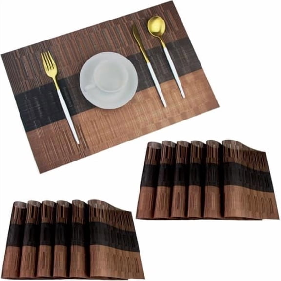Tekola Vinyl Placemats Set of 12 Washable Durable Kitchen Table Mats Easy to Clean Plastic Placemats for Dining Table (Brown)