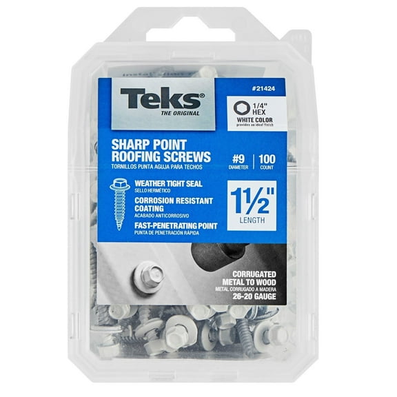Teks 21424 #9 x 1-1/2 in. HEX WASHER HEAD SHARP PT METAL-TO-WOOD WHITE ROOFING SCREWS 100CT