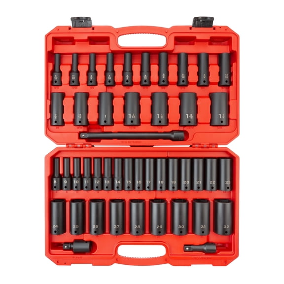 TEKTON 1/2 Inch Drive Deep 6-Point Impact Socket Set with Case, 45-Piece (5/16 - 1-1/4 in., 8-32 mm) | SID92404