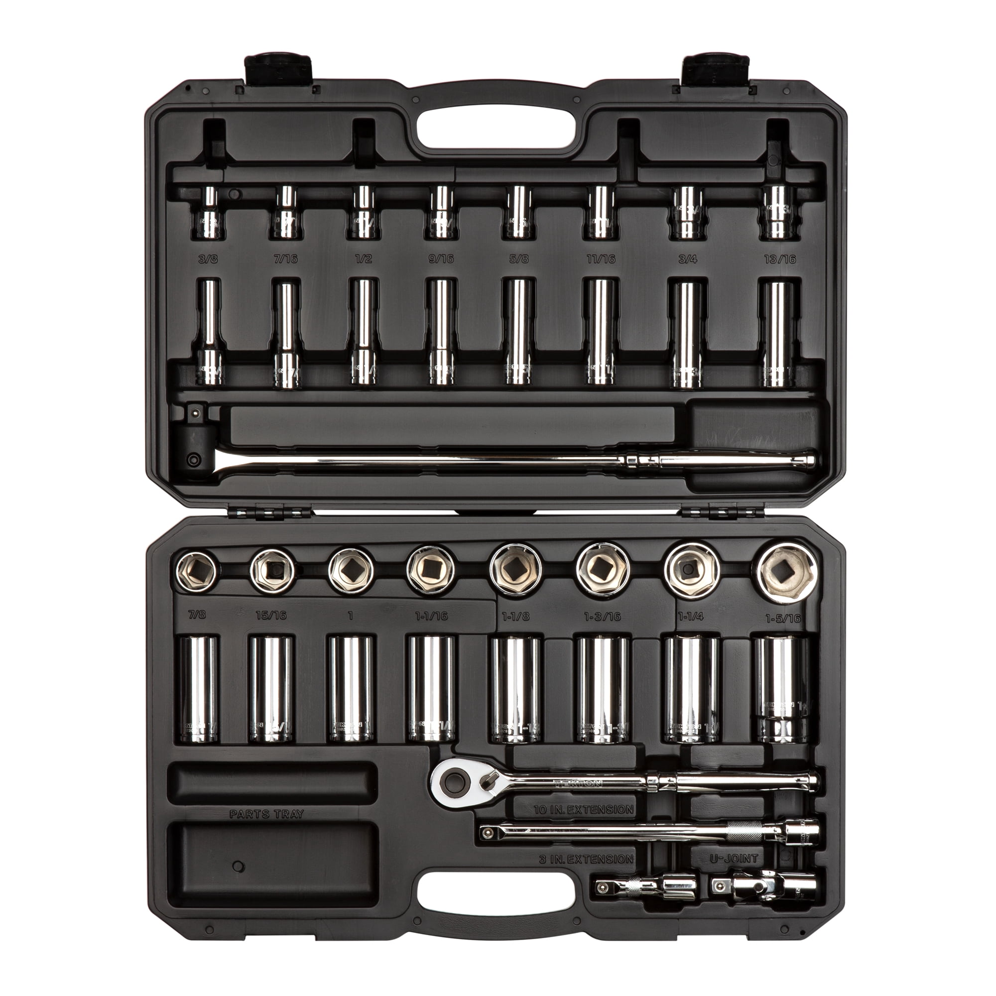 TEKTON 3/8" Drive 44-Piece 12-Point Socket Set – 6-24mm Standard & Deep, With Ratchet & Rails