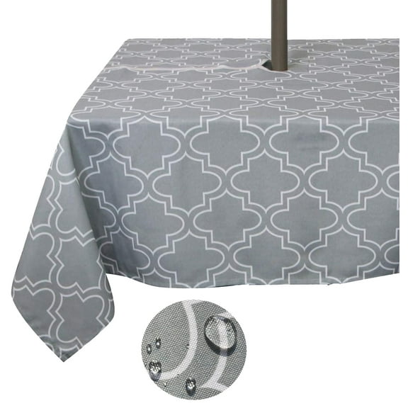 Tektrum 60 X 84 inch Rectangular Moroccan Quatrefoil Outdoor Tablecloth with Umbrella Hole and Zipper, Zippered Table Cover - Spill Proof/Waterproof - for Patio Garden Tabletop Decor (Light Grey)