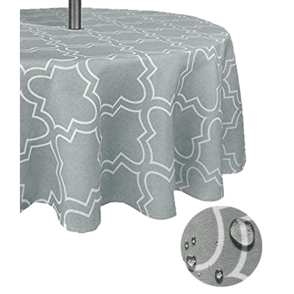 Tektrum 60 inch Round Moroccan Quatrefoil Outdoor Tablecloth with Umbrella Hole and Zipper, Zippered Table Cover - Spill Proof/Waterproof - for Patio Garden Tabletop Decor (Light Grey)