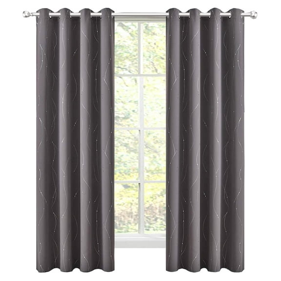 Tektrum Thermal Insulated Blackout Room Darkening Curtains with Grommet Top, Silver Foil Print Wave Lines with Dots Drapes for Living Room Bedroom Light Blocking, 52W x 84L Inches, 2 Panels, Gray