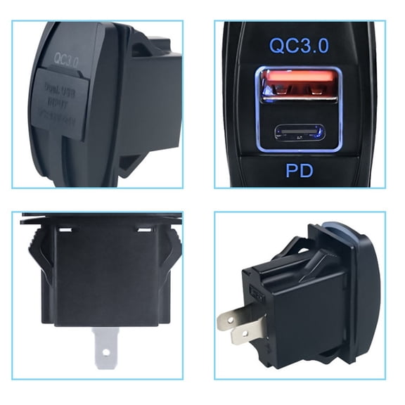Tekuisi Car Charger Rocker Switch Dual USB Charger PD and QC3.0 Port with LED Power Socket for Motorcycle Boat Marine Truck ATV