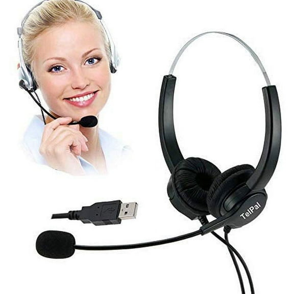 TelPal Corded Hands-Free Call Center Noise Cancelling Corded Binaural Headset Headphones with Mic - Cord with USB Plug, Volum