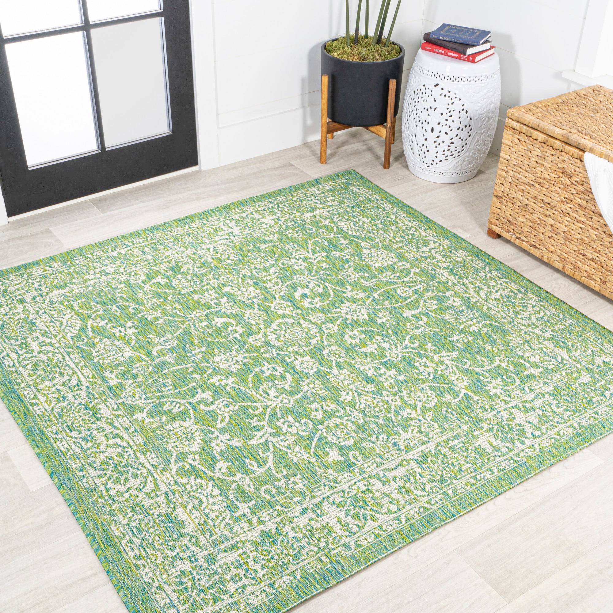Tela Green and Cream Floral Square Indoor/Outdoor Rug