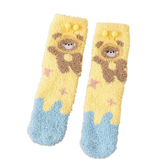 Telankuip 1 Pair Fuzzy Mid-Calf Socks for Women Soft Cozy Fluffy Winter Warm Slipper Socks Home Sleeping Cute Animal Graphic Socks for Casual and Loungewear 1-Light Yellow One Size