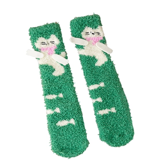 Telankuip 1 Pair Fuzzy Mid-Calf Socks for Women Soft Cozy Fluffy Winter Warm Slipper Socks Home Sleeping Cute Animal Graphic Socks for Casual and Loungewear 2-Green One Size