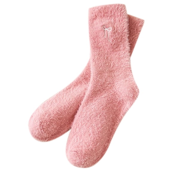 Telankuip 1 Pair Women's Cute Bow Embroidery Fuzzy Socks Valentine's Day Cozy Gift Soft Slipper Sock Coquette Stuff Fluffy Thick Spa Home Sleeping Loungewear Mid Calf Stockings Pink One Size