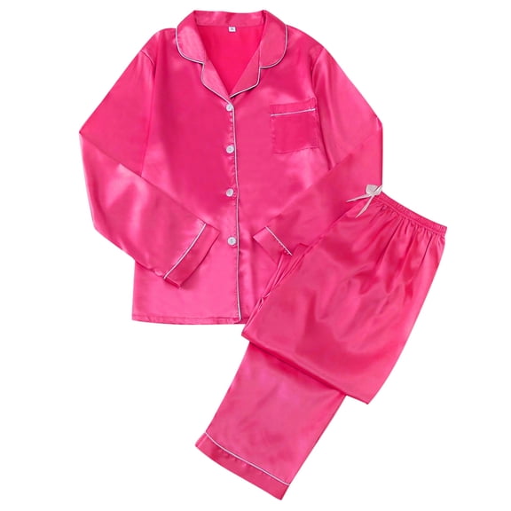 Telankuip 2 Piece Pajamas Set for Women Trendy Simple Solid Color Button down Shirts and Baggy Cozy Pajama Bottoms Matching Set Silk Satin Soft Comfort Winter Sleepwear Red S
