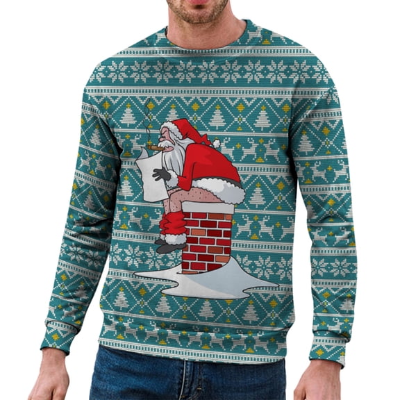 Telankuip 2025 Christmas Sweatshirts for Men Funny Crew Neck Pullovers Long Sleeve Christmas Print Retro Santa Claus Tops Warm Comfortable Fitted Casual Workout Sweatshirt Mint Green2 L