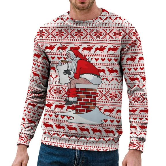 Telankuip 2025 Christmas Sweatshirts for Men Funny Crew Neck Pullovers Long Sleeve Christmas Print Retro Santa Claus Tops Warm Comfortable Fitted Casual Workout Sweatshirt Red1 L