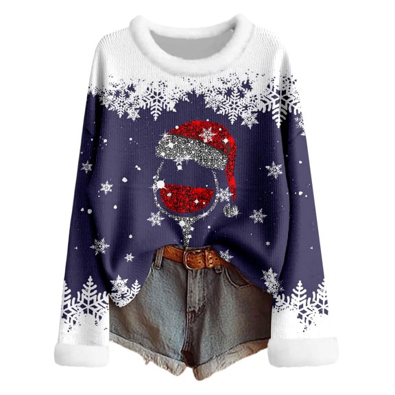 Telankuip 2025 Christmas Sweaters for Women Fuzzy-Trim Crewneck Knitted Pullovers X-mas Glass Print Long Sleeve Soft Comfort Warm Fashion Tops Navy2 S