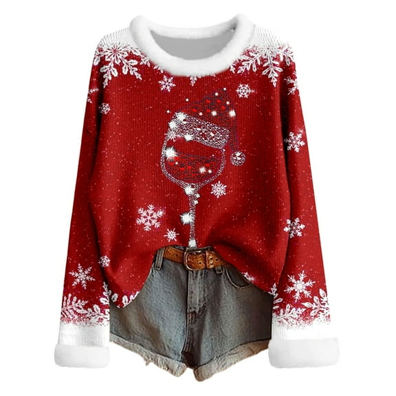 Telankuip 2025 Christmas Sweaters for Women Fuzzy-Trim Crewneck Knitted Pullovers X-mas Glass Print Long Sleeve Soft Comfort Warm Fashion Tops Brick Red S