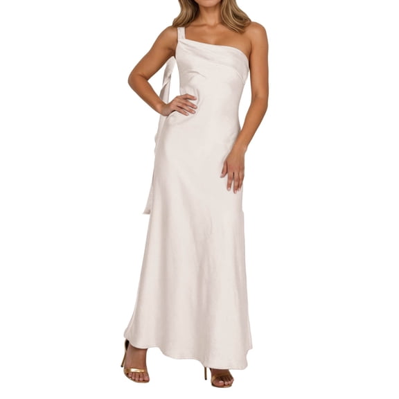 Telankuip 2025 Satin One Shoulder Maxi Dress for Women Summer Silk Formal Elegant Backless Ruffle Sleeveless Wedding Guest Dresses Casual Comfort Stylish Party Outfits Beige XS