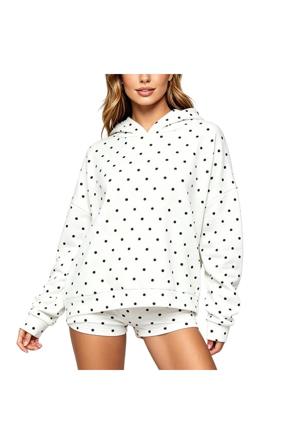 2026 Fashion Polka Dot Set Oversized Drop Shoulder Long Sleeve Hooded Sweatshirts and Stretch Soft Smooth Mini Shorts Sets Loose Comfort Outdoor Sports Casual 2 Piece Outfits White S