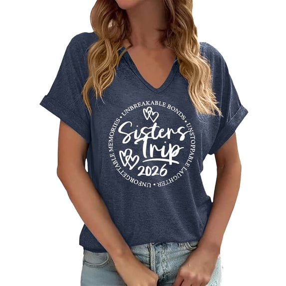 Telankuip 2026 Sisters Trip T-Shirts for Women Loose Fit V-Neck Short Sleeve Graphic Tees Summer Beach Vacation Travel Comfort Breathable Casual Tops with Letter Printed Design Navy XXXL