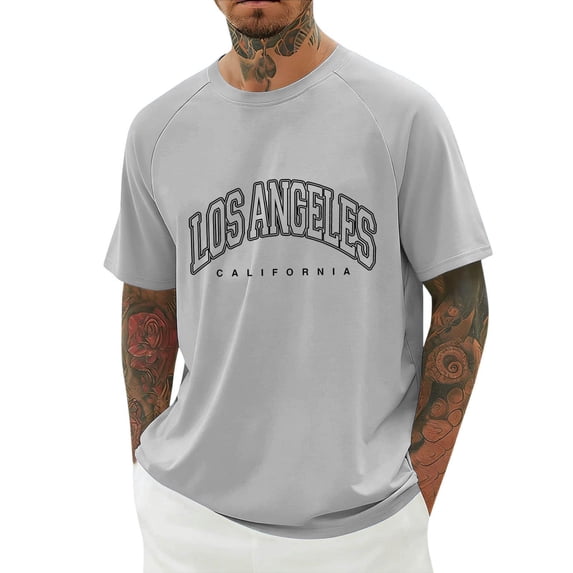 Telankuip 2026 Summer Mens T Shirts Fashion Letter Printed Raglan Sleeve Round Neck Athletic Tops Soft Comfortable Thin Workout Graphic Tees Simple Stylish T-Shirt for Daily Wear Light Gray XXL