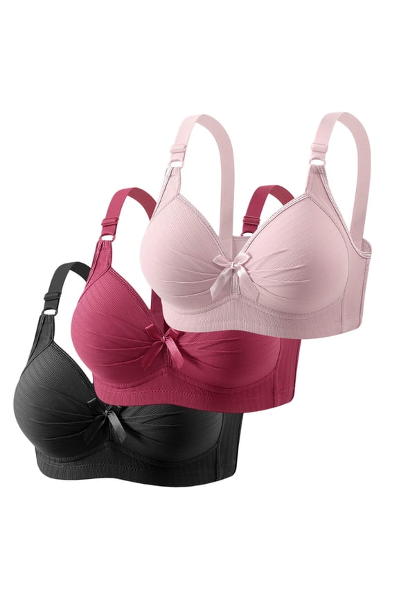 3PCS Bras for Women Bow Seamless No Underwire Push up Full Coverage Bralettes Everyday Plus Size Thin Cup Soft Comfortable Support T Shirt Bras BK RD PK 42