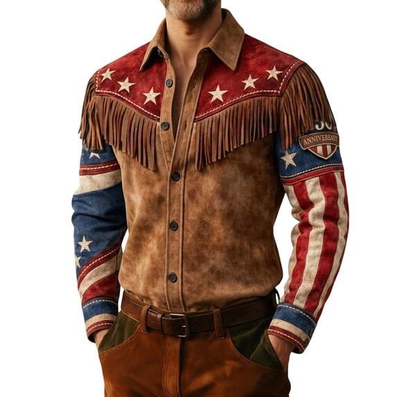 Telankuip American Independence Day Vintage Tassel Printed Men's Shirts USA 250th Anniversary Long Sleeve Button down Casual Top July 4th Celebration Cowboy Style Shirts 10-Red XL