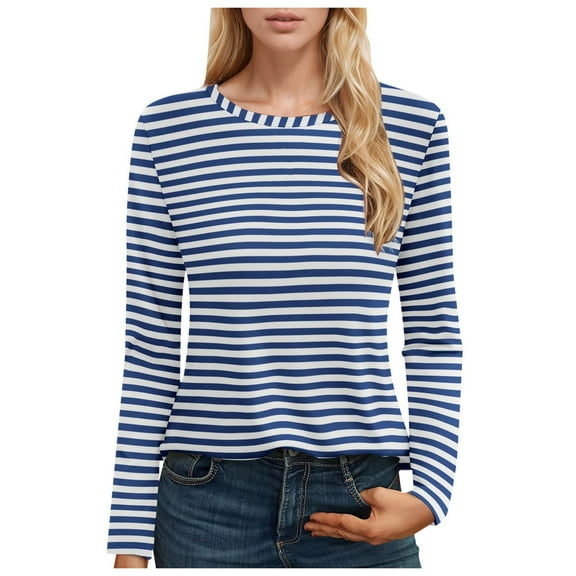Telankuip Basic Long Sleeve Striped T Shirts for Women Casual Crewneck Slim Fit Pullover Tops Simple and Stylish Color Block Thin Fall Winter Soft Comfy Base Layer Tee Shirts Blue L