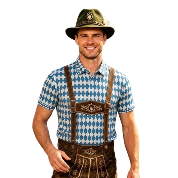 Telankuip Bavarian Oktoberfest Polo Shirts for Men Retro Rhombic Grid Print Casual Plus Size Graphic Tees Classic Festival Style V-Neck Button Slim Short Sleeve Summer Tops 1-Blue XL