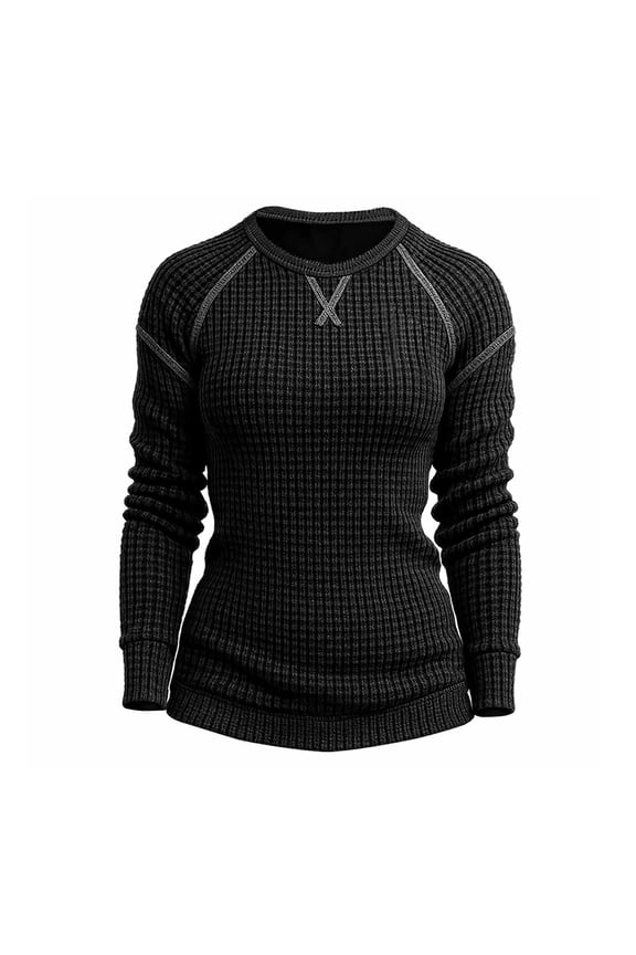 Black Waffle Sweaters for Women Vintage Knit Round Neck Long Sleeved Sweater Lightweight Soft Comfortable Jumper Tops Winter Slim Fitted Thermal Underwear Black XXL