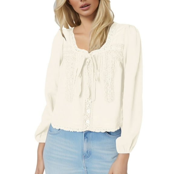 Telankuip Boho Lace Bow Tie Front Tops for Women Cute Sheer Ruffle Flowy Long Sleeve T Shirts Chiffon V-Neck Button up Loose Comfortable Stylish Thin Blouse White L