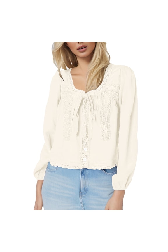 Boho Lace Bow Tie Front Tops for Women Cute Sheer Ruffle Flowy Long Sleeve T Shirts Chiffon V-Neck Button up Loose Comfortable Stylish Thin Blouse White S