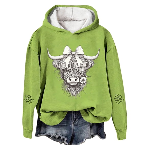 Telankuip Bow Highland Cow Christmas Hoodies for Women Holiday Western Print Girly Style Pullover Sweatshirts Soft Comfortable Long Sleeve Holiday Hooded Tops 2025 Fashion Light Green XL