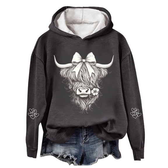 Telankuip Bow Highland Cow Christmas Hoodies for Women Holiday Western Print Girly Style Pullover Sweatshirts Soft Comfortable Long Sleeve Holiday Hooded Tops 2025 Fashion Dark Gray XXXL