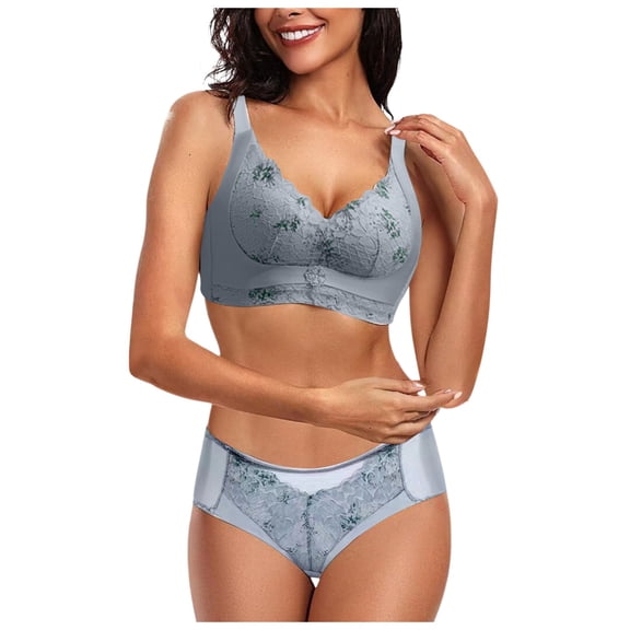 Telankuip Bra and Panty Set for Women Wireless Soft Supportive Full Coverage Bras with Panty Lace and Printed 2 Pieces Underwear Outfits Suitable for Valentine's Day Gift Blue XXL