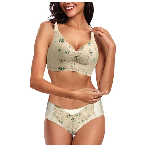 Telankuip Bra and Panty Set for Women Wireless Soft Supportive Full Coverage Bras with Panty Lace and Printed 2 Pieces Underwear Outfits Suitable for Valentine's Day Gift Green L