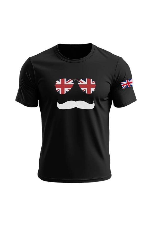 British Flag Sunglasses and Mustache UK Flag T-Shirts for Man Crewneck Short Sleeve Summer Muscle Tees Funny Graphic Soft Comfortable British Patriotic Casual Top Black XXL