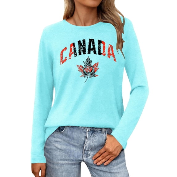 Telankuip Canada Tshirts for Women 2025 Fashion Flag Maple Leaf Graphic Letter Printed Loose Tee Shirts Fashion Soft Comfortable Long Sleeve Sports Pullover Tops Sky Blue L