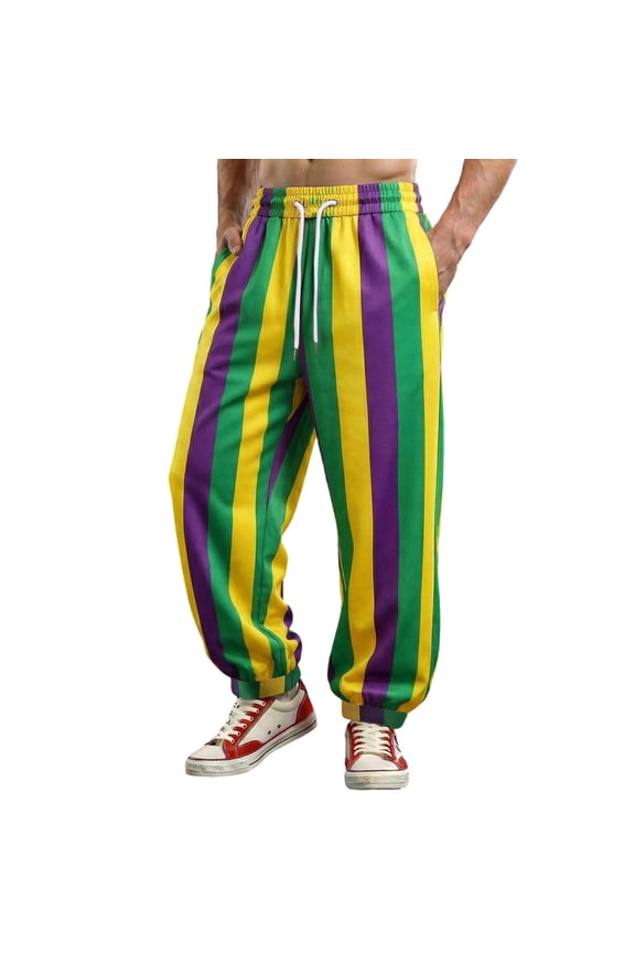 Carnival Graphic Printed Sweatpants for Men Trendy Striped & Plaid Color-Block Elastic High Waisted Elastic Festival Party Joggers Pants Loose Drawstring Trousers 6-Purple M