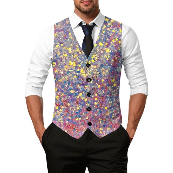 Telankuip Carnival Sequins Printed Vests for Men Trendy V-Neck Button down Slim Fit Outerwear Tops 2026 Shiny Disco Holiday Party Lightweight Cozy Sleeveless Waistcoat 11-Light Pink XL