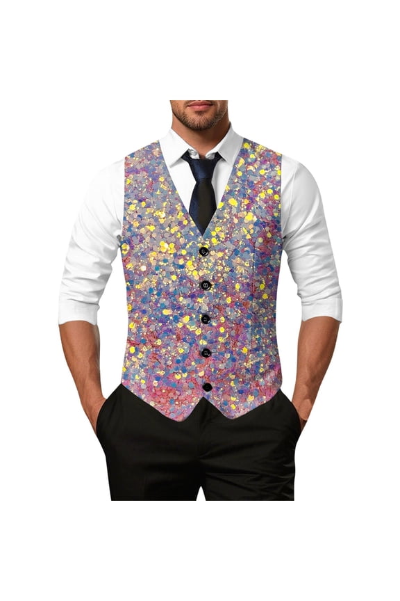 Carnival Sequins Printed Vests for Men Trendy V-Neck Button down Slim Fit Outerwear Tops 2026 Shiny Disco Holiday Party Lightweight Cozy Sleeveless Waistcoat 11-Light Pink XL