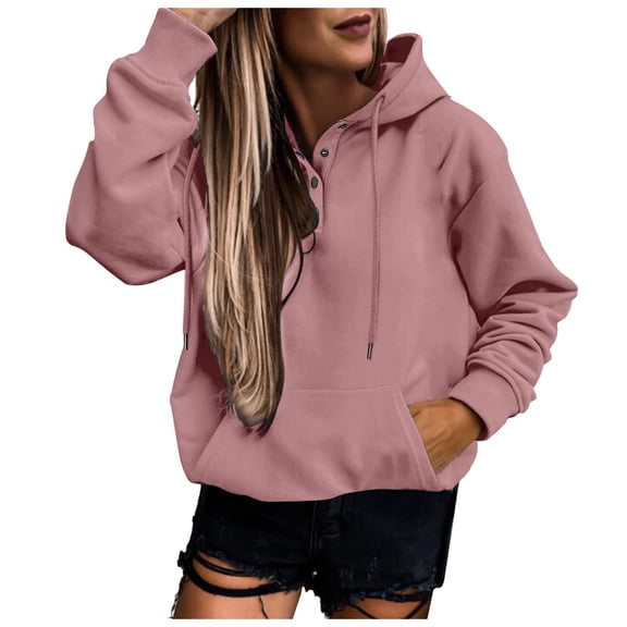 Telankuip Casual Button up Hoodies for Women Oversized Long Sleeve Drop Shoulder Solid Color Sweatshirts Loose Fit Preppy Hooded Pullovers 2025 Fashion Clothes Light Pink S